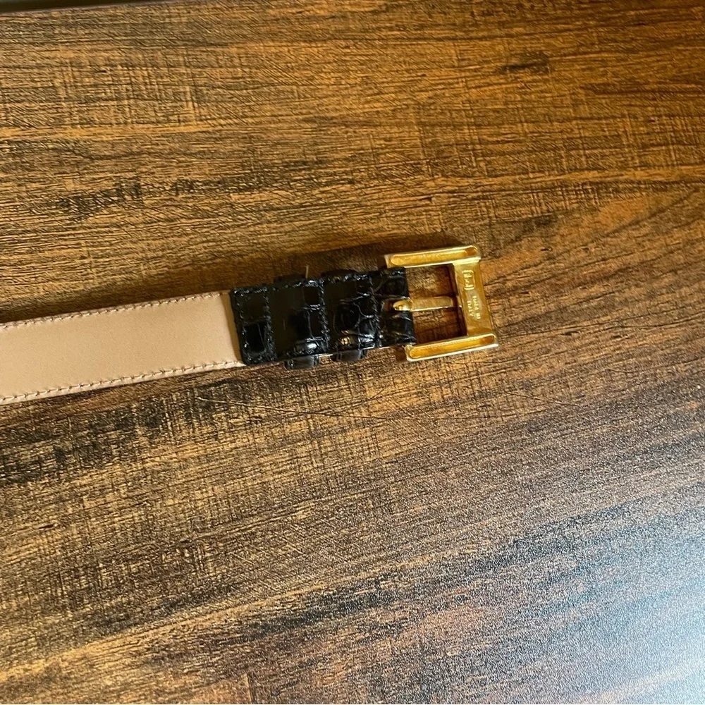 Talbots Genuine Italian Leather belt black gold-tone buckle Large Crocod…